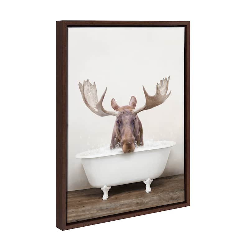 Kate and Laurel Sylvie Moose Bubble Bath Framed Canvas by Amy Peterson - Walnut