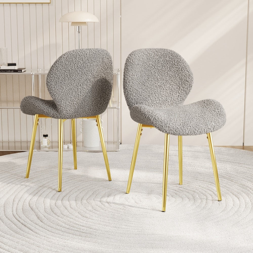 Modern minimalist teddy velvet Dining Chairs Set of 2 with sturdy gold metal legs and comfortable backrest design