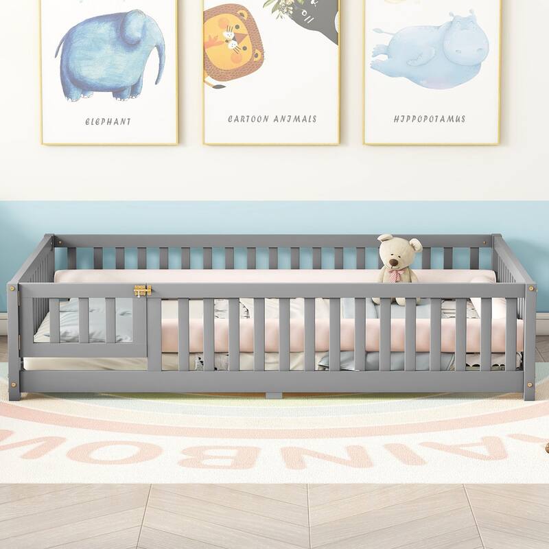 Gray Full Size Pine Wood Floor Bed with Safety Guardrails and Door for Kids, Boys, Girls, Bedroom