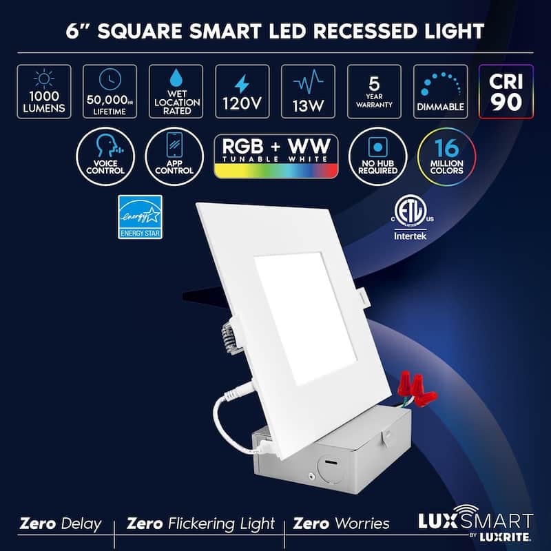 Luxrite 6 inch Square Smart LED Recessed Lighting, RGBW Color Changing, WiFi and Voice Control, Alexa and Google 6-Pack