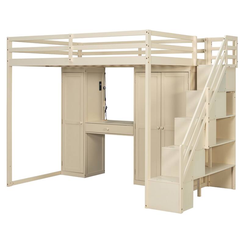 Roomfitters Full Size Loft Bed with Wardrobe, Dressing Table and Storage Staircase