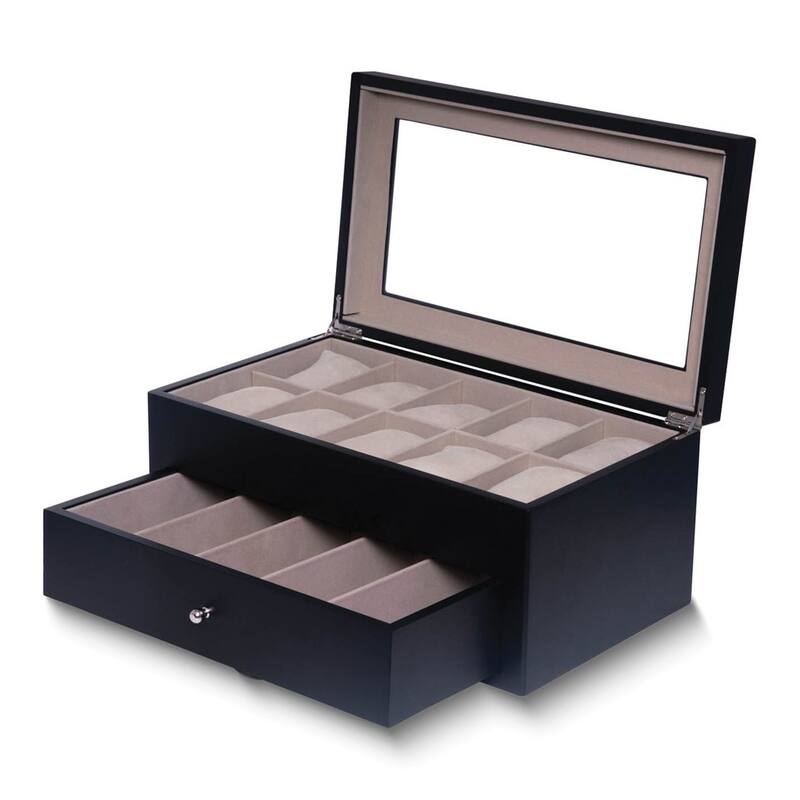 Curata Matte Black Finish Glass Lid Felt Lined Wooden 5-Eyeglass and 10-Watch Storage Box
