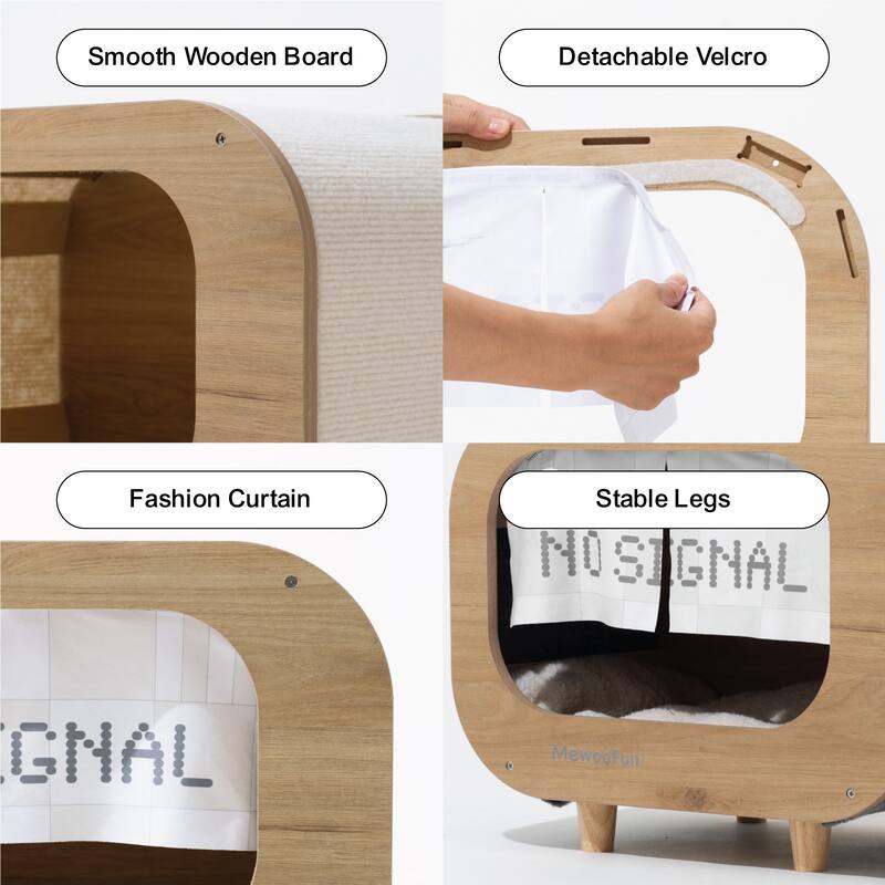 Wooden TV-Shaped Cat Bed, Cat House with Cushion