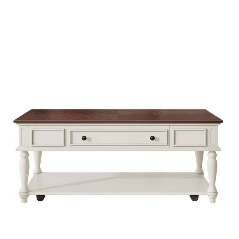 Farmhouse Coffee Table with One Drawer,Solid Wood Legs and Lockable Wheels