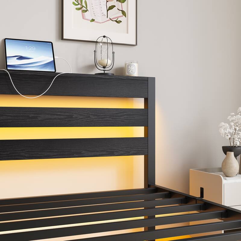 Black Twin Size Metal Bed with Wooden Headboard, RGB Lights, and Storage Shelf