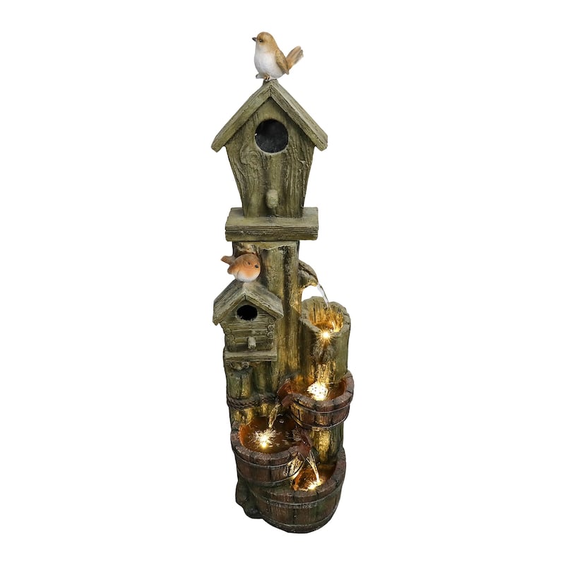 39.3in Outdoor Water Fountain w/LED Lights, Birdhouse Garden Fountain