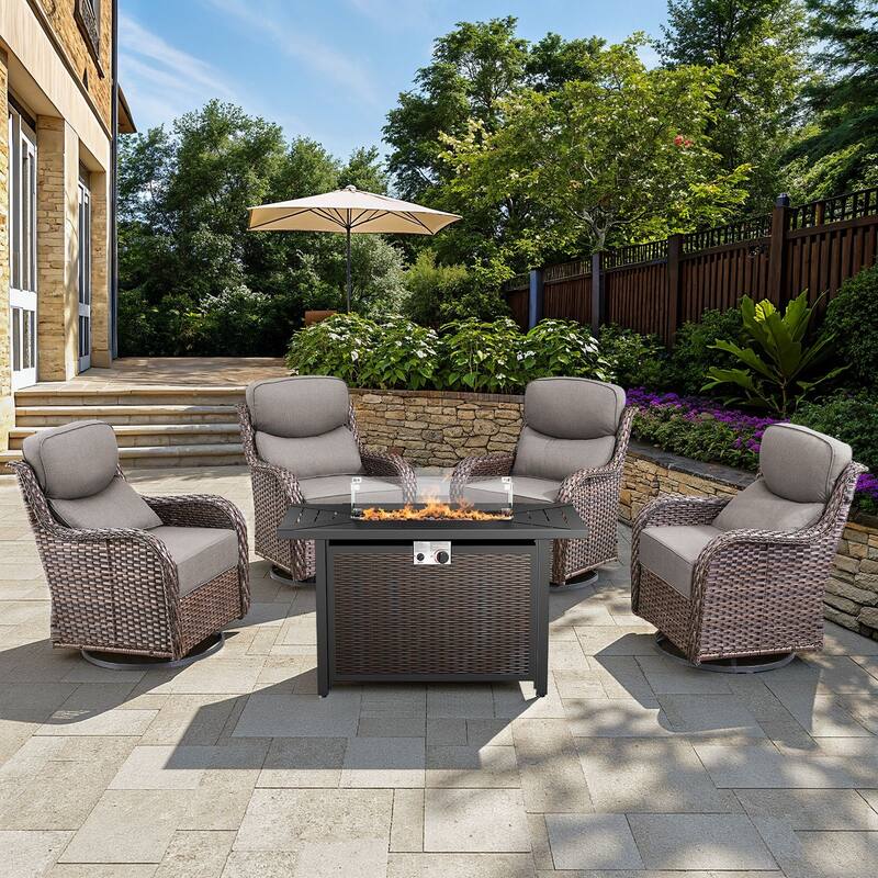 Arcadia 5-Piece Wicker Patio Set with 4 Swivel Glider Chairs and All-Iron Fire Pit - Gray Cushions - Brown Wicker