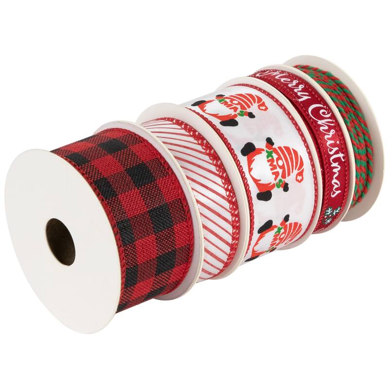 Set of 5 Santa Gnome Matching Themed Craft Christmas Ribbons 1.5" x 3 Yards