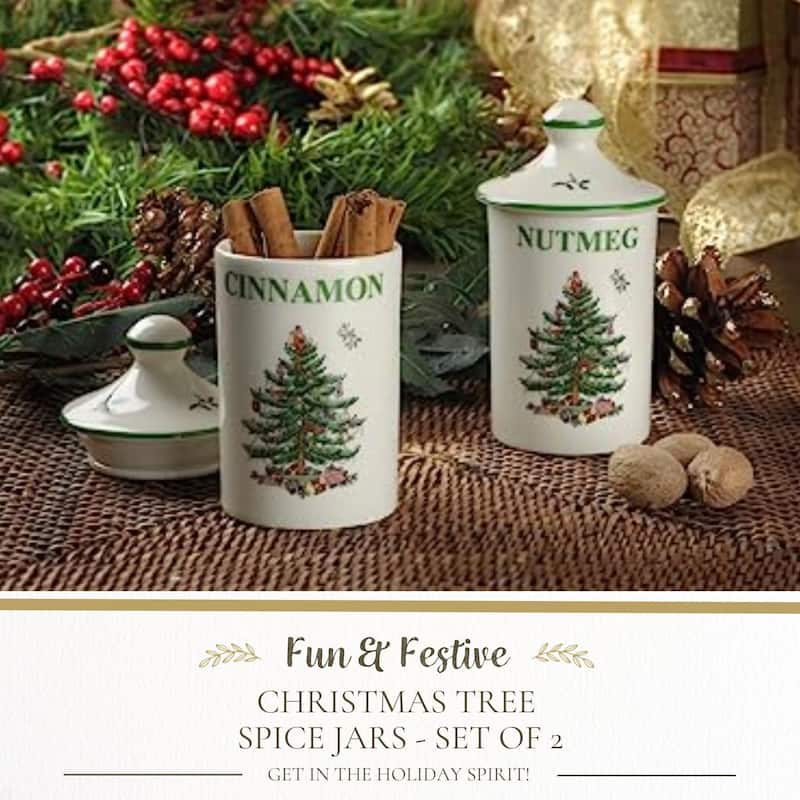 Spode Set of 2 Christmas Tree Spice Jars - 2" D x 4.5" H