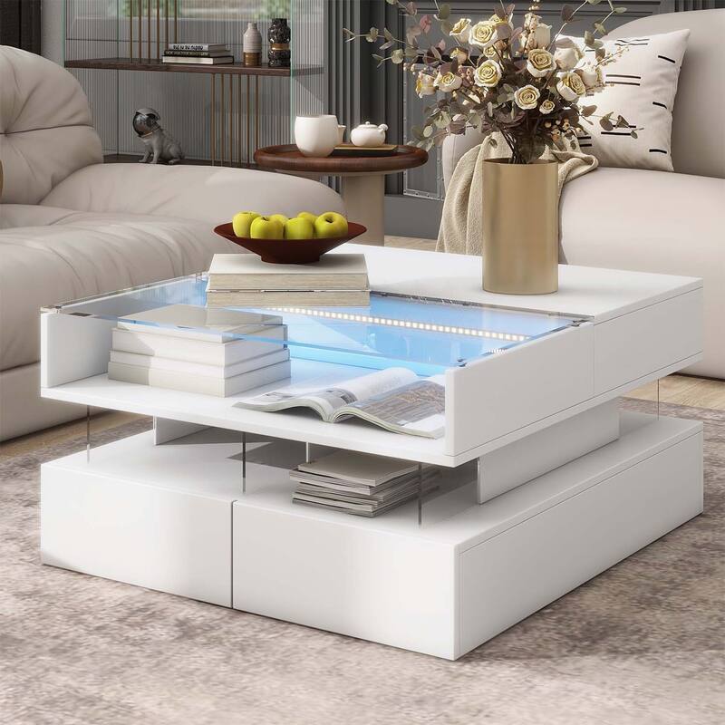Lift-Top Coffee Table with 2 Drawers,Glass Top and High-Gloss Finish,Hidden Storage and LED Lights for Living Room - White