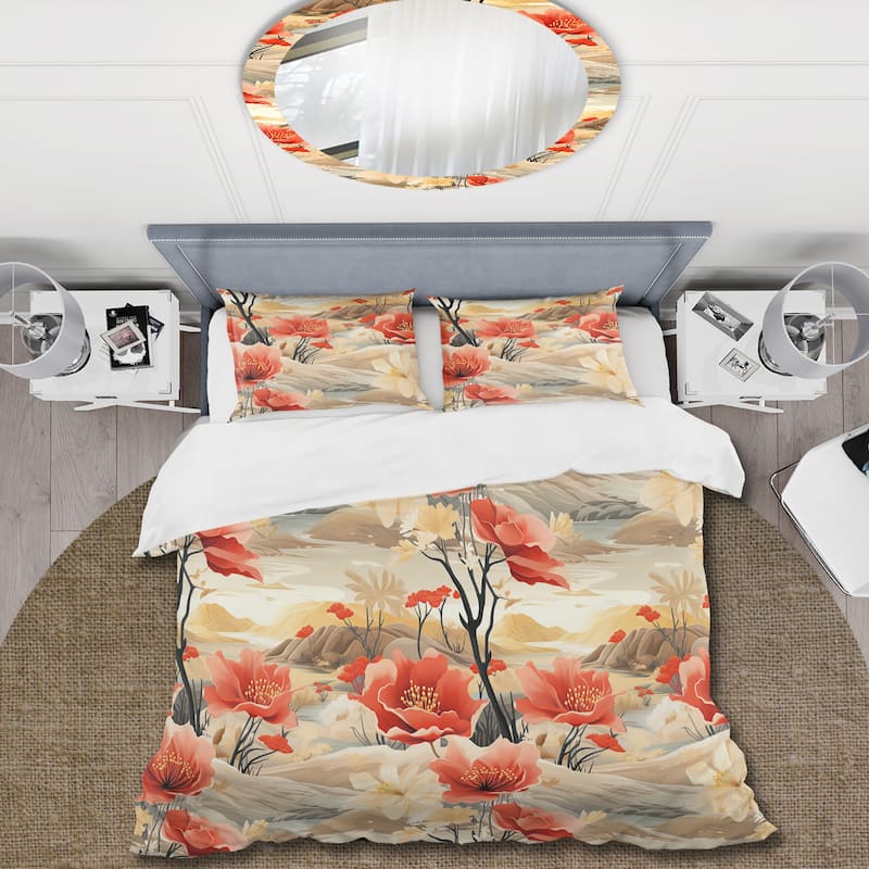 Designart "Sandy Beige Peonies Mirage Peach II" Orange cottage bedding set with shams
