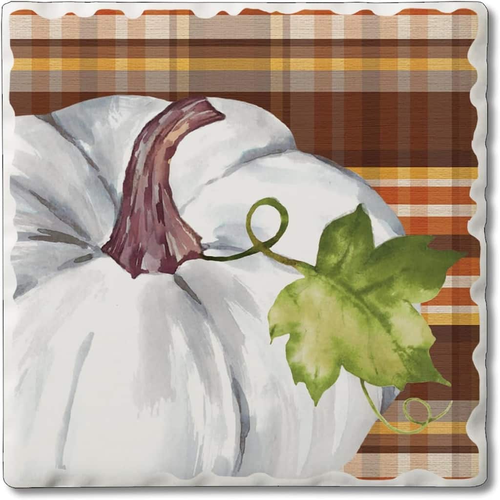 White Pumpkin 4 Pack Single Absorbent Stone Coaster with Protective Cork Backing Made in The USA 4" Square, Easily Wipes Clean