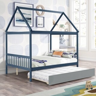Full Size Wood House Bed with Trundle and Roof
