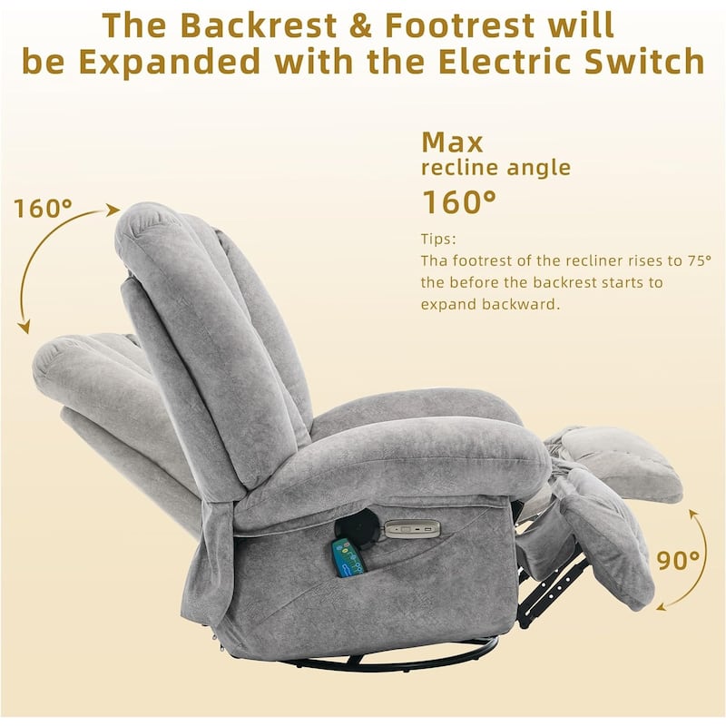 Shell Shape Power Recliner Chair, Chenille Fabric Swivel Rocker Recliner with Bluetooth Speaker