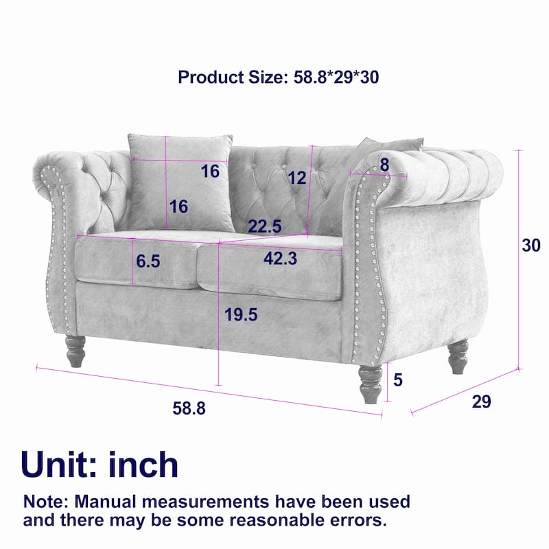 Beige Velvet Chesterfield Loveseat Sofa, Rolled Arms, Nailhead Trim