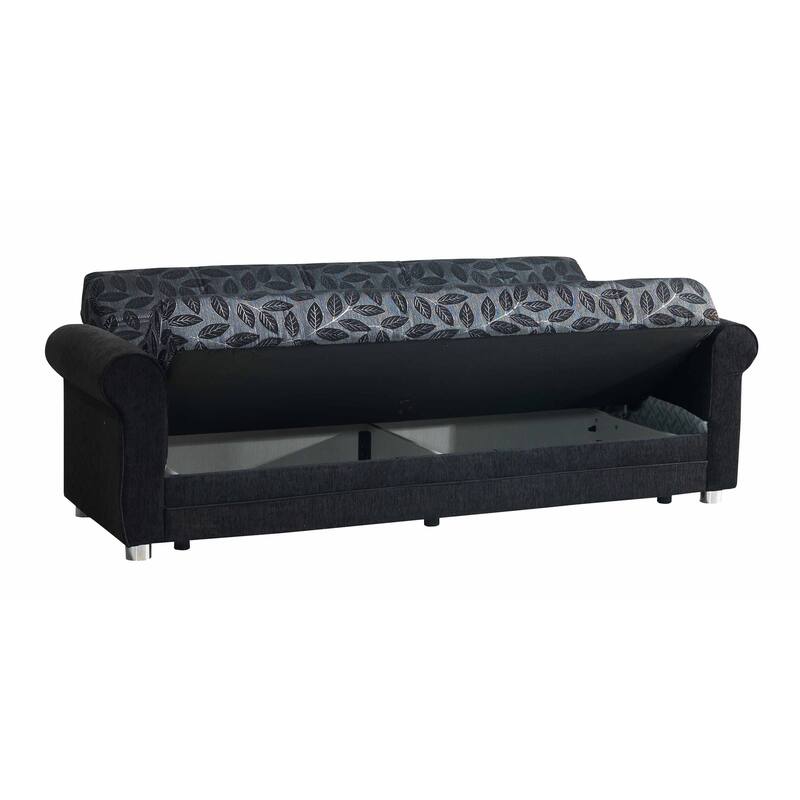 HomeRoots 89" Black Chenille Convertible Futon Sleeper Sofa And Toss Pillows With Storage