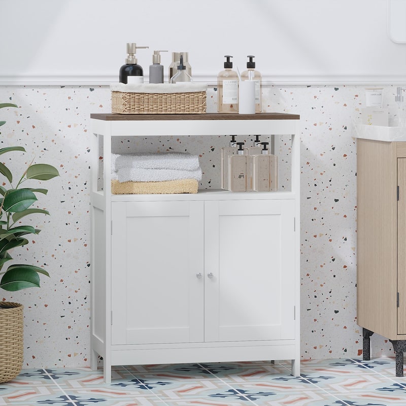Modern Storage Cabinet with Double Doors, Free-Standing Bathroom Cabinet with Adjustable Shelf and Natural Wood Top