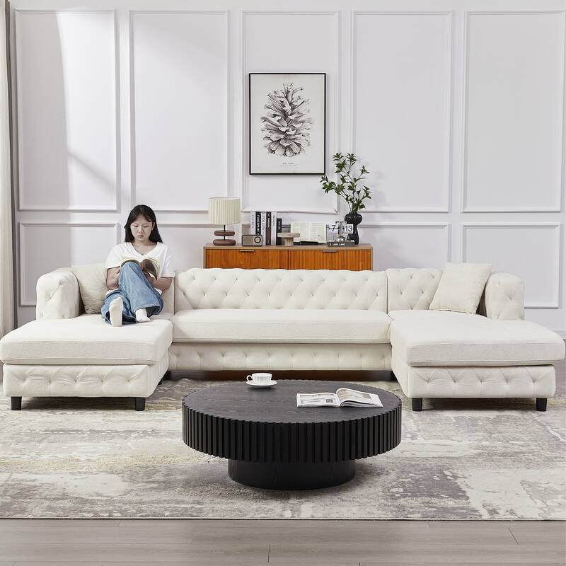 U-Shaped Chenille Sofa with Two Chaise Longue Seats and Pillows.