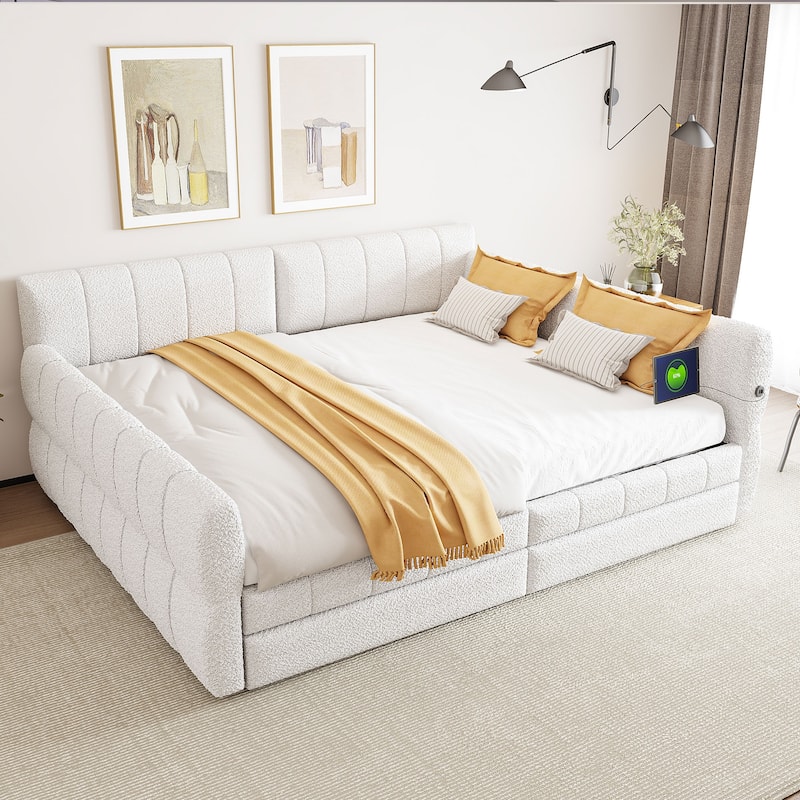 Modern Fabric Upholstered Daybed Queen Size Sofa Bed Frame with Backrest and Armrests, USB Charging Ports, No Box Spring Needed