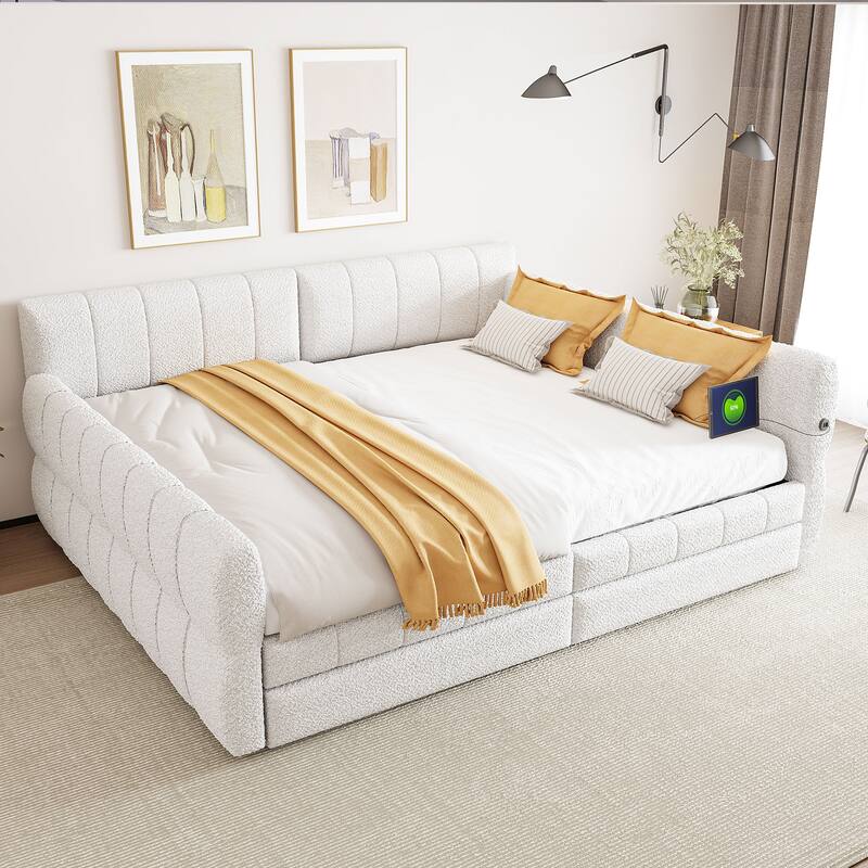 Queen Size Platform Storage Bed Frame Upholstered Daybed with USB and 2 Drawers, Low Profile Sofa Bed with Storage Underneath - White - Queen