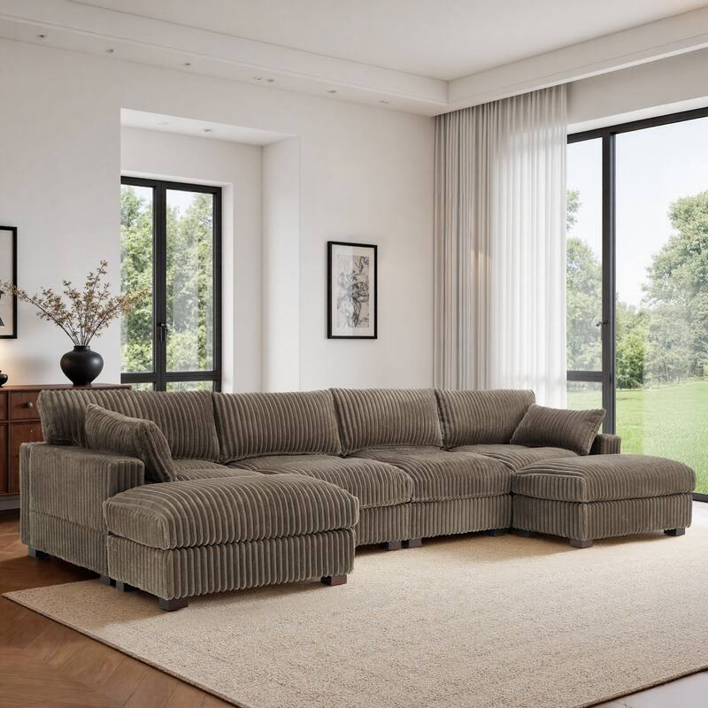 Upholstered Plush Flannel Modular Sectional Sofa with Pillows,Ajustable Headrest - Light Brown-6-Piece