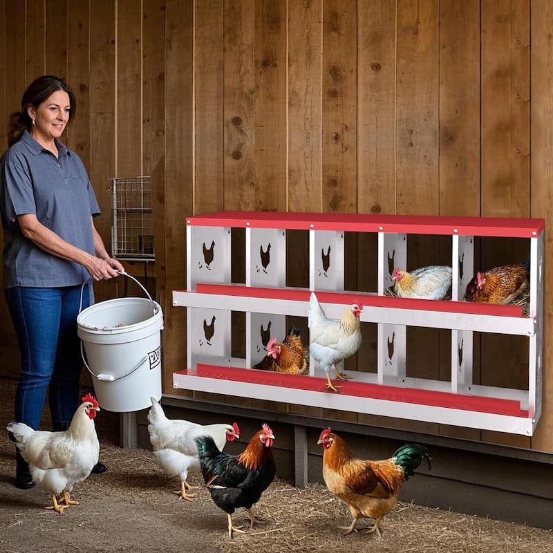 Wall-Mount or Free-Standing Metal Chicken Nesting Box for Hens, Red