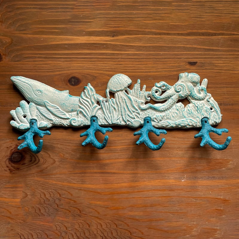 Cast Iron Sealife Plaque With Coral Hooks - Coastal Wall Decor - 5.75 X 15.5 X 2 inches