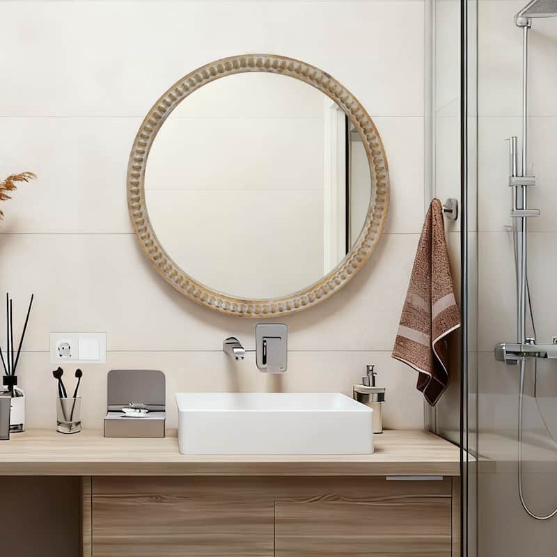 Round Decorative Wall Mirror, 23.62" Distressed Wood Beaded Frame Mirror for Entryway, Living Room, Bathroom - Natural Wood