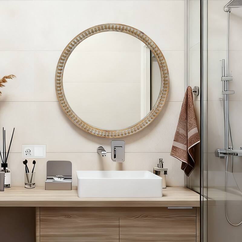 Round Decorative Wall Mirror, 27.5" Distressed Wood Beaded Frame Mirror for Entryway, Living Room, Bathroom - Natural Wood - Natural Wood