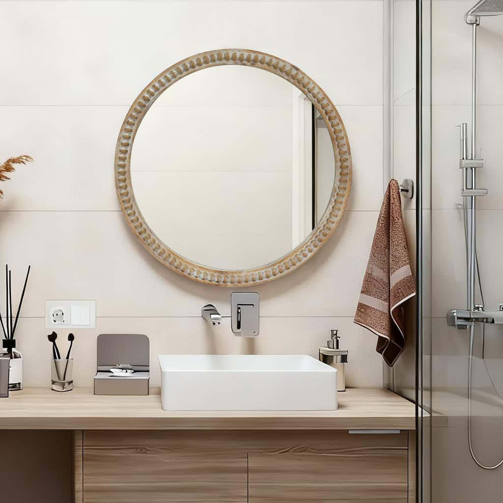 Round Decorative Wall Mirror, 27.5" Distressed Wood Beaded Frame Mirror for Entryway, Living Room, Bathroom - Natural Wood