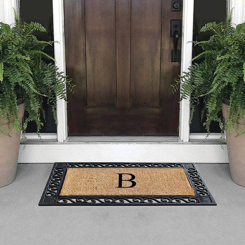 A1HC Rubber and Coir Maple Leaf, Heavy Weight Durable Monogrammed Doormat, 23"X38" Black