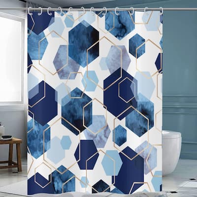 Navy Blue Abstract Geometric Pattern Minimalist Bath Curtains, 72Wx72H