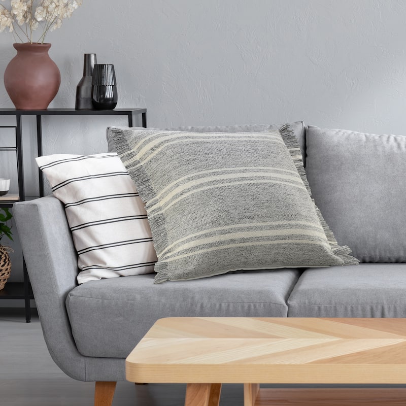 Sevita Farmhouse Triple Stripe Throw Pillow with Fringe