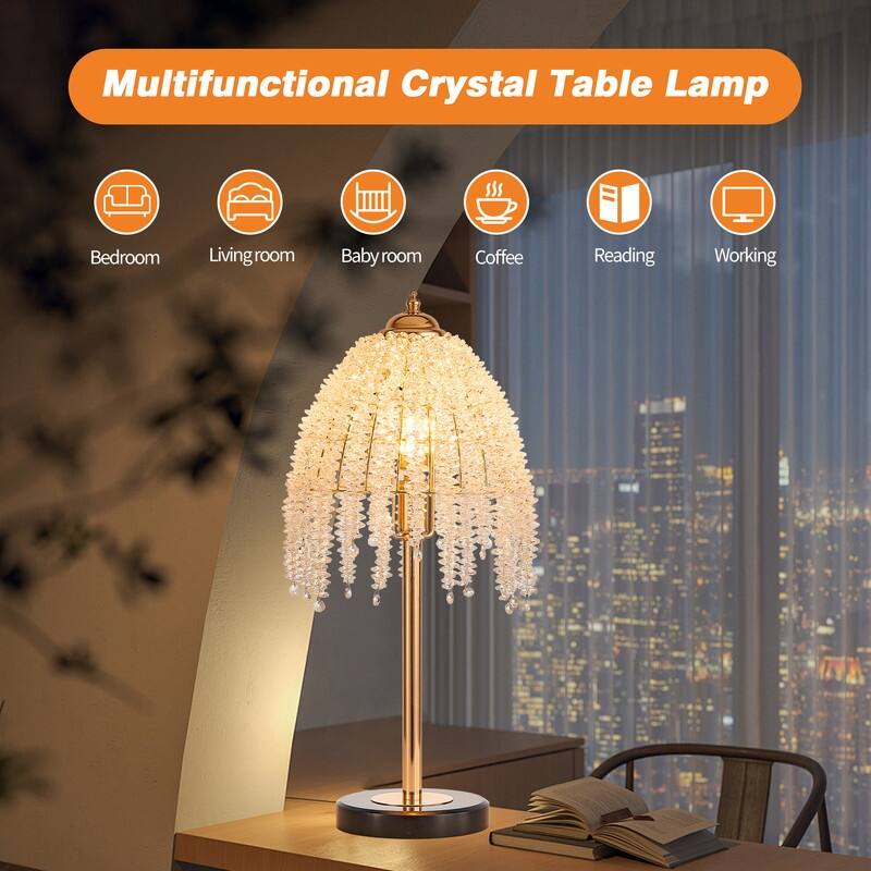 19" Vintage Crystal Table Lamp Elegant Waterfall Design with Marble Base (Bulb Not Included)