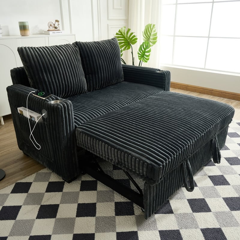 Corduroy Sleeper Sofa w/ USB Ports, Convertible Pull-Out Sofa Bed, Modern Sleeper Couch Loveseat w/ 2 Pillows & Pocket - Grey