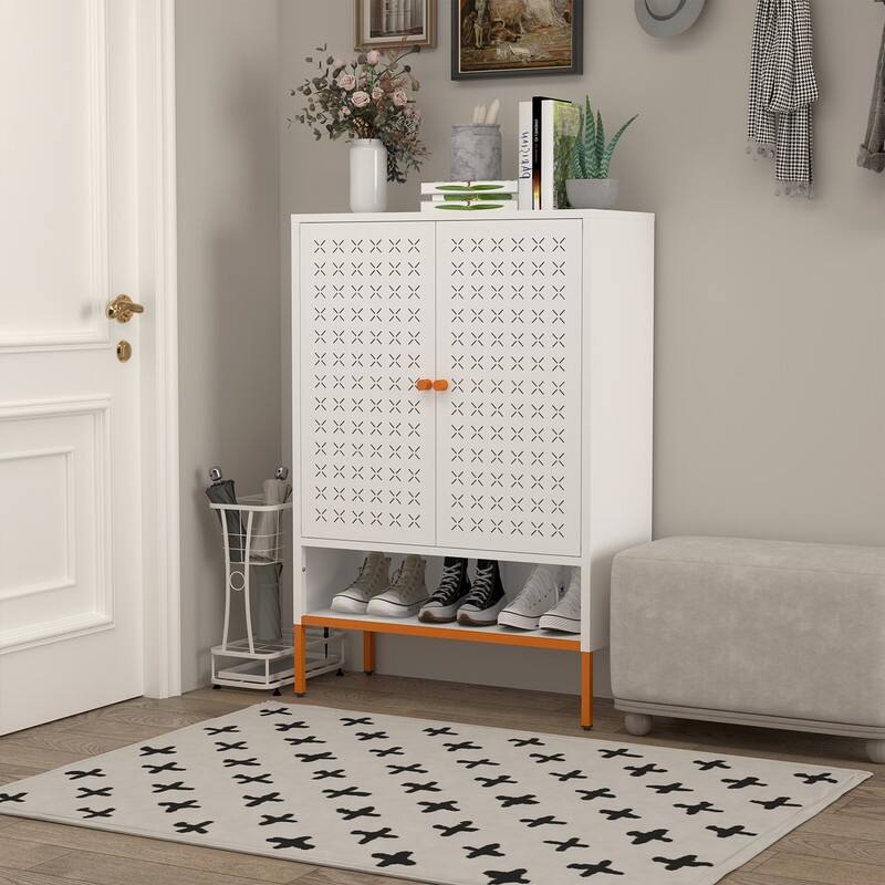 Grid Double Door Shoe Cabinet with Adjustable Shelves and Moisture-Proof Base
