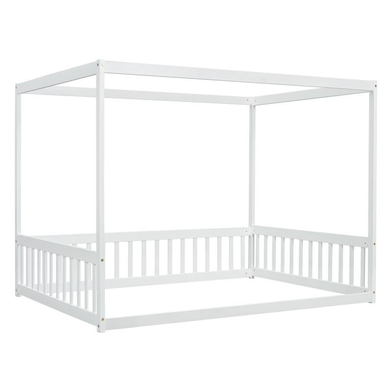 Full Size Canopy Bed Floor Bed with Fence, Guardrails