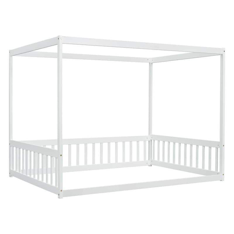 Full Size Wood Canopy Bed with Guardrails,Floor Bed For Kids