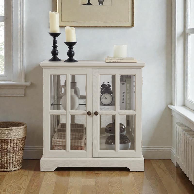 LED Curio Display Cabinet with Adjustable Glass Shelves, Antique Style Storage Cabinet with Lattice Doors - White