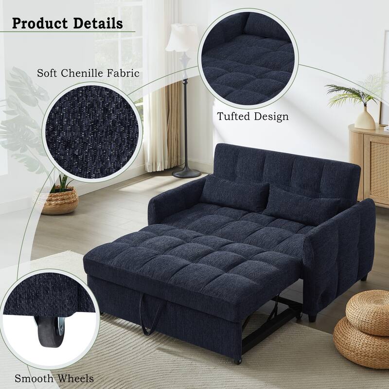52.8" Loveseat Pull-Out Sleeper Sofa Bed with Adjustable Backrest, USB Ports and Pillows, Tufted Chenille Sofa