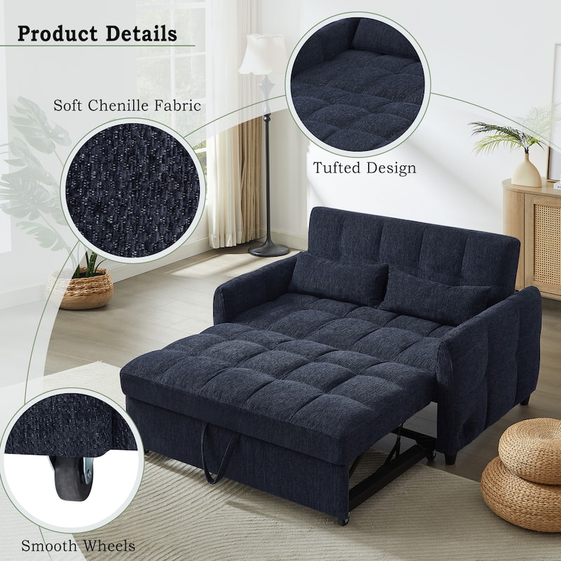 Roomfitters Loveseat Pull-Out Sofa Bed, Tufted Sleeper with Adjustable Backrest, USB Ports, and Lumbar Pillows for Living Room