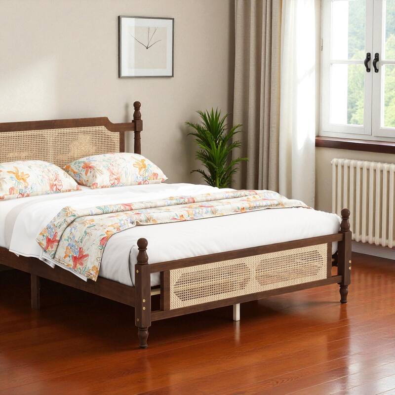 Queen/King Size Pine Wood Bed with Rattan Headboard and Footboard, Solid Frame with Central Support and Under-Bed Storage