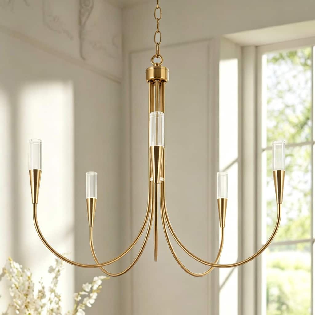 Modern Elegant 5-Light Gold LED Chandelier Dimmable Pendant Light Height Adjustable for Dining Room - 24" D x 22.5" H
