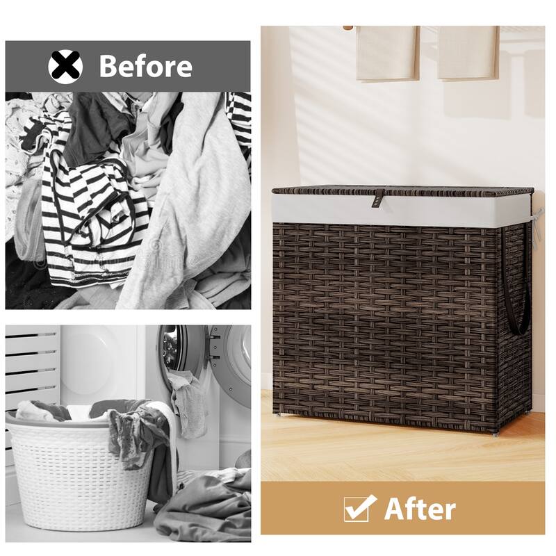 Gymax Laundry Hamper w/Wheels & Lid 125L 3-Section Clothes Hamper w/2