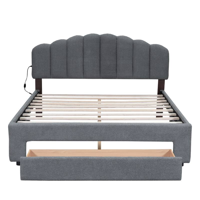 Teddy Fleece Queen Size Upholstered Platform Bed with Drawer, Wood Bed