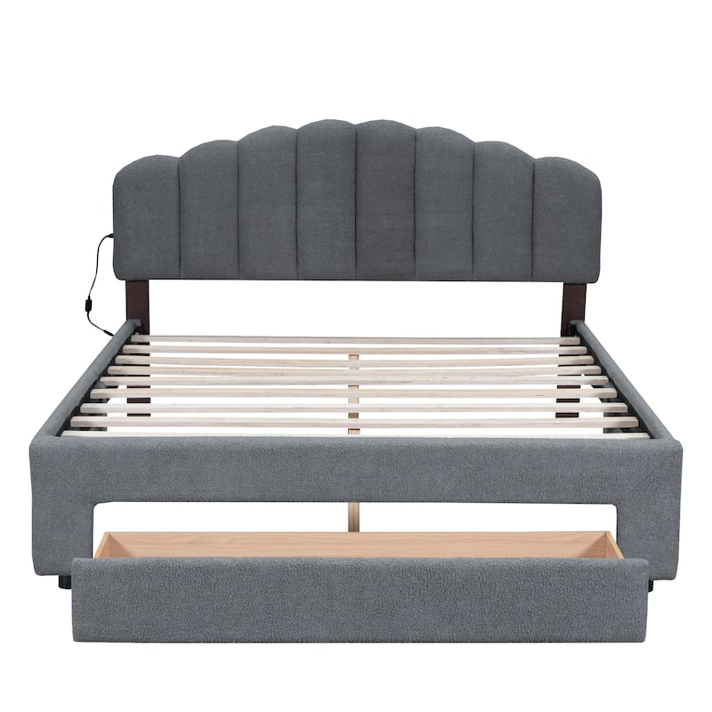Teddy Fleece Queen Size Upholstered Platform bed with Drawer, Gray