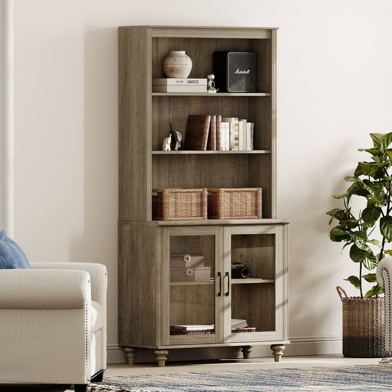 Wash Gray Bookcase with Doors, Large Wood Farmhouse Book Case Shelf - wash grey