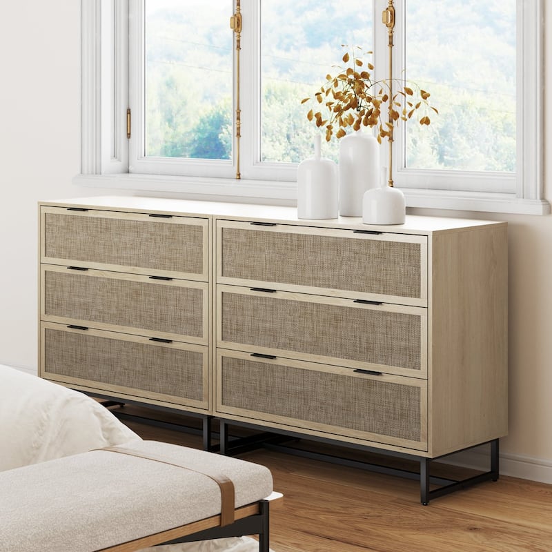 Kova 3-Drawer Rattan Dresser or Bohemian Living Room Storage Cabinet with Textilene Rattan Accent and Metal Legs