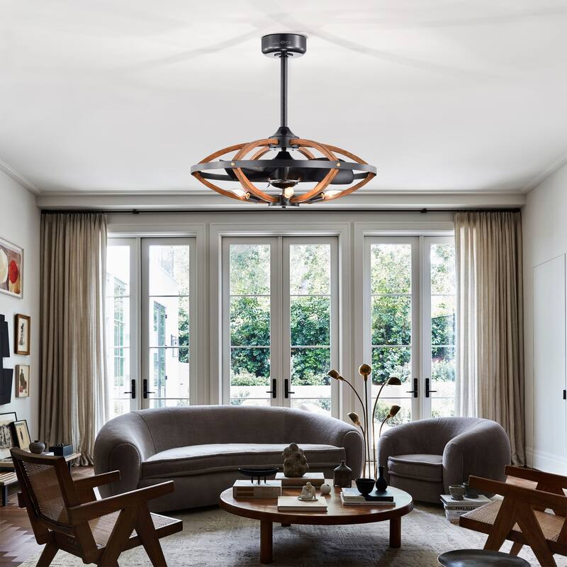 Dariin 29 Inch Matte Black Ring finish 6 Light, 3 Blade Ceiling Fandelier with Remote