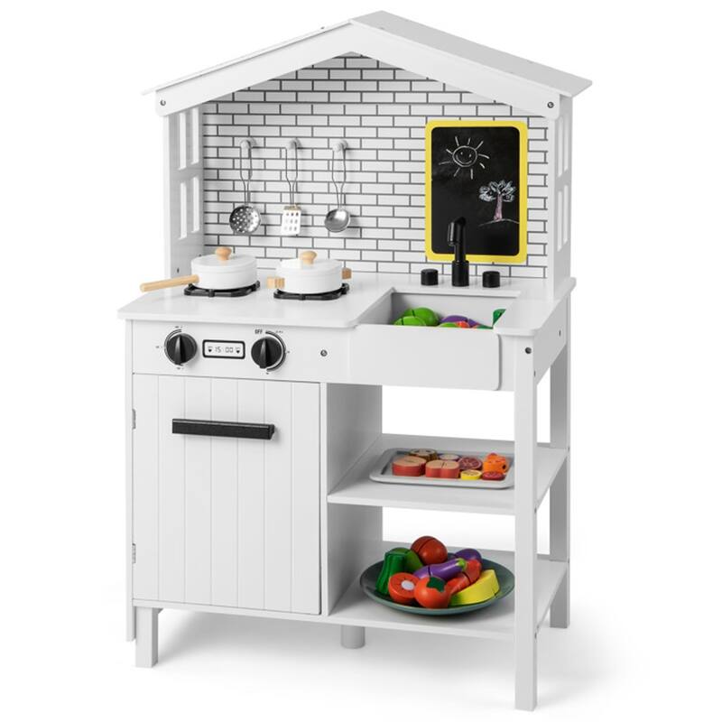 Kids Farmhouse Play Kitchen Set with Sink Chalkboard Utensils and Storage White Wooden Pretend Cooking Toy for Ages 3 and Up